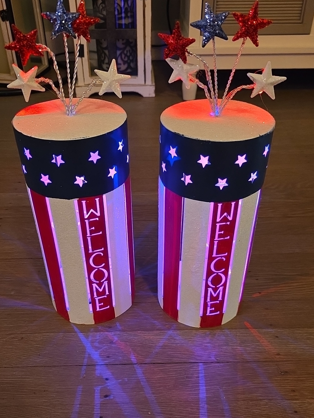 Patriotic Fireworks 'Welcome' Decorative LED Cylinders - Pair -WORKS